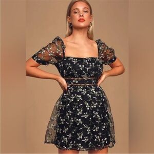 Lulu's Black Floral Mini Dress with Sheer Sleeves